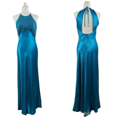 Vintage Morgan And Co Blue Satin Maxi Formal Dress 9/10 Open Back Prom Y2K 90s - Image 1 of 4