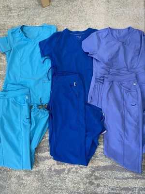 ЛОТ (3) скрабы комплект Топ брюки за скрабы маленький/Med синий брюки (M) рубашки (S) - Изображение 1 из 4