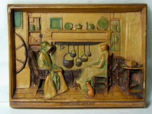Antique A FRIENDLY CALL "A FIRESIDE CHAT" 3D Chalkware Ivorex 2 Plaque England - Picture 1 of 3