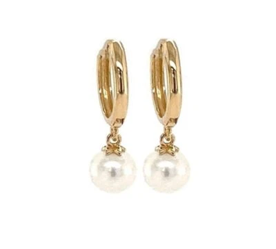 Pendientes colgantes Huggie de perlas de oro amarillo o blanco de 14k Foto 1 de 2