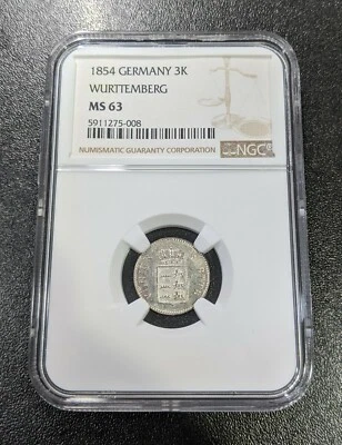 1854 MS63 German States Wurttemberg Silver 3 Kreuzer NGC KM 591 UNC TOP GRADE! - Image 1 of 4