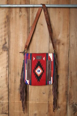AMERICAN DARLING Brown Tooled Leather Saddle Aztec Blanket Fringe Crossbody Bag - Image 1 of 4