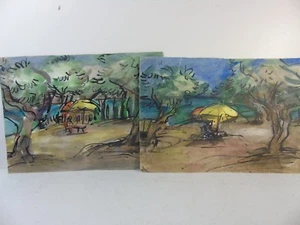 Rudolf Rothe: "Sombrillas bajo árboles junto al mar" Dos acuarelas, playa - Imagen 1 de 3