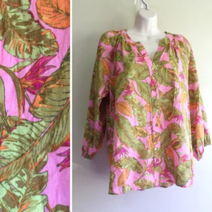 Tracy Evans Aloha Shirt Womens L Button Tissue Cotton 3/4 Puff Sleeve Floral - Picture 1 of 7