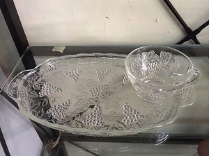 Clear Glass Vintage Serving Snack Trays With Tea Cup And Grape Pattern Design - Picture 1 of 12