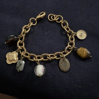 NUEVO Con Etiqueta Chico’s Tono Dorado 8” Ajustable Dije Pulsera Perla Ojo de Tigre Cuentas Foto 1 de 4