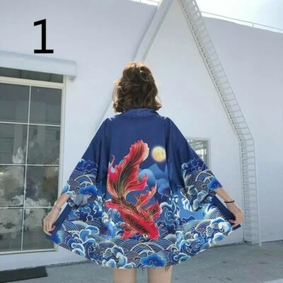 Women Fish Japanese Kimono Coat Loose Yukata Outwear Tops Vintage Harajuku - Image 1 of 4