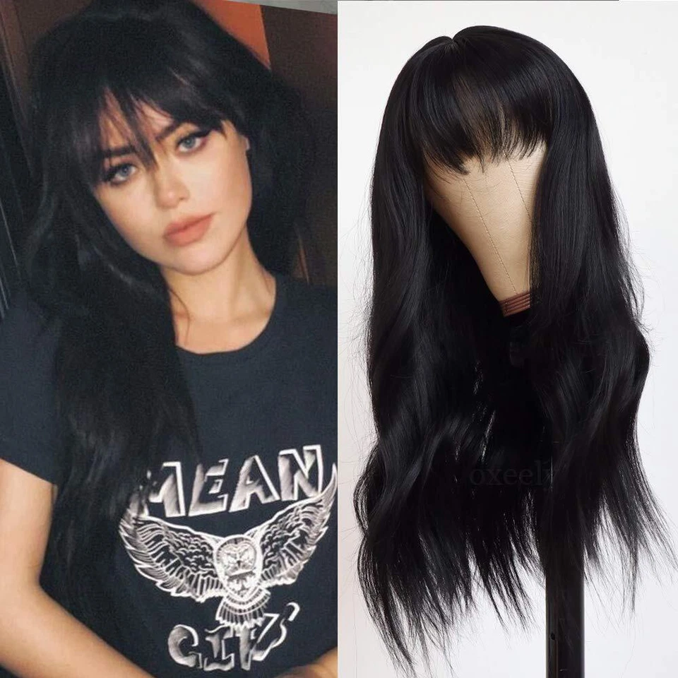Parrucca Cosplay Con Bangs Capelli Resistenti al Calore Lunghi Ondulati Strati Donna Nero - Immagine 1 di 4