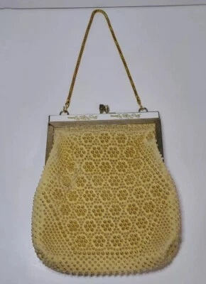 MGI Beaded Purse Evening Bag Handbag Yellow With Gold Beads Hong Kong Vtg - Image 1 of 4