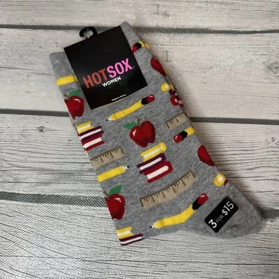 HOT SOX Calcetines Profesor Para Mujer Crew 9-11 Se Ajusta a Zapato 4-10.5 Gris Lápiz Manzana NUEVO Foto 1 de 4
