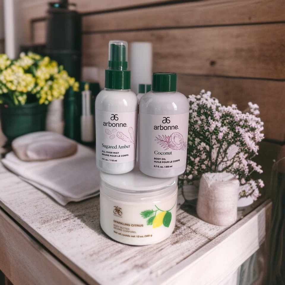 Arbonne Sparkling 柑橘身体黄油,含糖琥珀雾和椰子油 - 套装 — 第 1/4 张图片