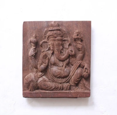 Antique Ganesha Statue Wooden Sculpture Hindu God Home Temple Decor Wall Panel - Изображение 1 из 4