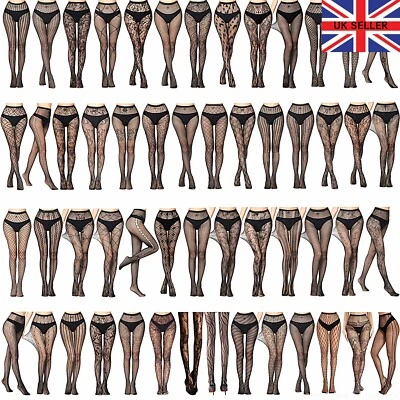 New Womens Black Lace Pattern Fishnet Tights Ladies Floral Rose Print UK 6-16 - Image 1 of 4