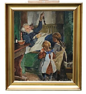 Soren Sorensen (1885-1937) - Genre Family Scene, Antique Oil On Canvas Painting - Picture 1 of 7
