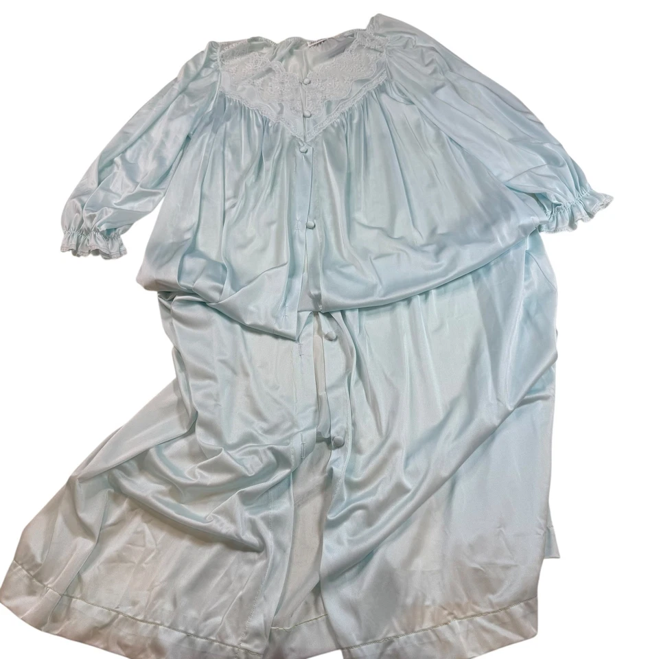 Conjunto de bata camisón largo completo de encaje satinado azul Miss Elaine vintage L Foto 1 de 4