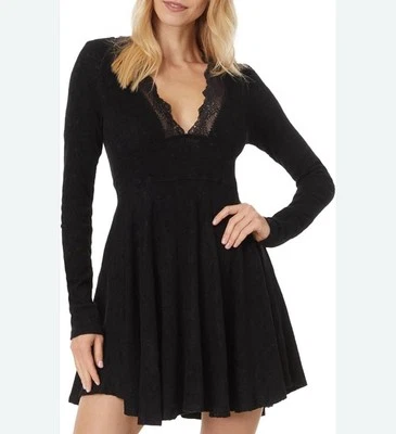 Free People Women's All Yours Mini Dress Black Lace Detail Long Sleeve SMALL - Image 1 of 4