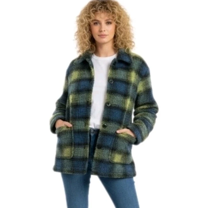 Chaqueta Sherpa UNIF Music Wilt Cuadros Azul Verde Cuadros Grunge Difuso Y2K Acogedora M Foto 1 de 4