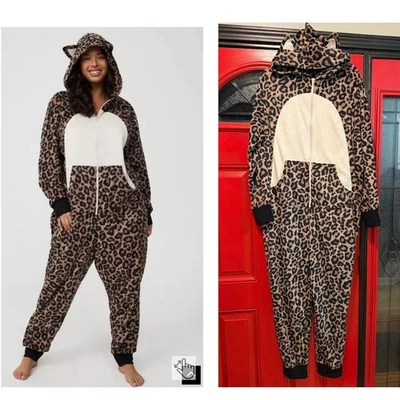 Torrid 3X/4X Leopard Cat w/Ears Punk Goth Hooded One Piece Union Suit Pajamas - Image 1 of 3