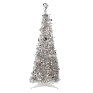 Northlight 4' Silver Tinsel Pop-Up Artificial Christmas Tree, Clear Lights - Picture 1 of 6