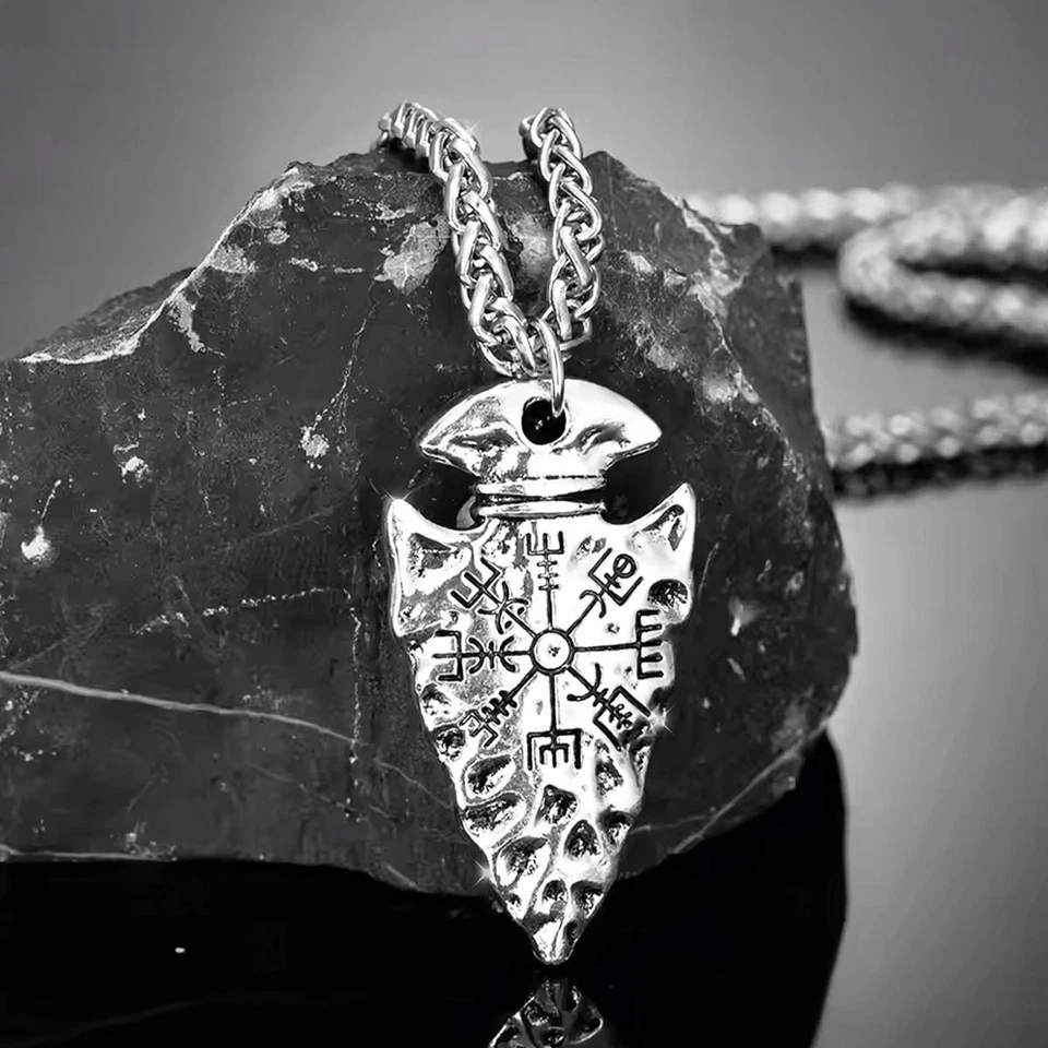 Halskette mit Kompass Anhänger Vegvisir Edelstahl Silber Herren Wikinger  Kette - Bild 1 von 4