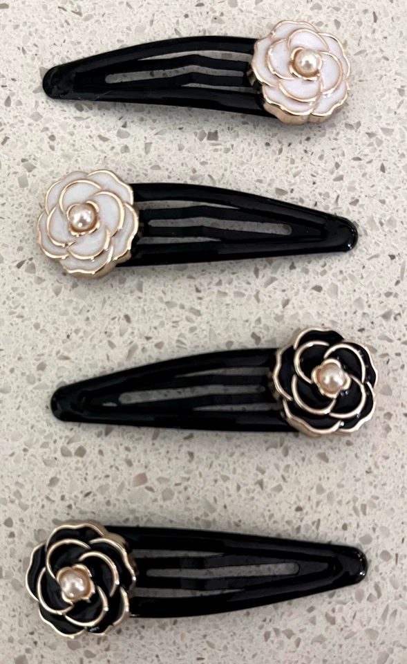 Designer Inspired Camellia Hair Clips Set of 4 Black Gold White Gold Faux Pearl - Image 1 of 4