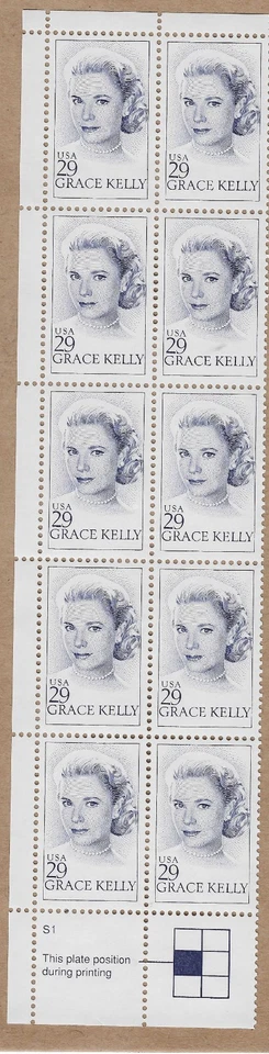Scott # 2749, Grace Kelly, blue  29¢ , plate poss. strip  of 10, 1993 ,MNH - Image 1 of 1