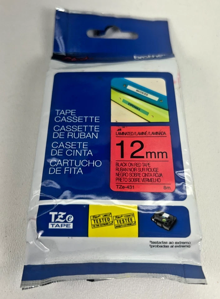 Cinta laminada genuina Brother P-touch TZe-431 negra sobre roja 12 mm X 8 m Foto 1 de 1