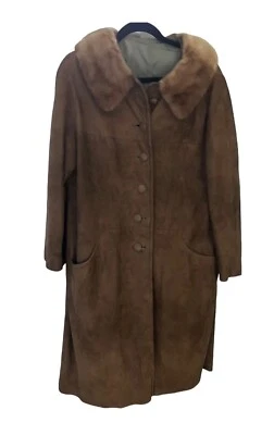 Abrigo De Colección Gamuza Cuero Cuello Piel Visón Marrón Forrado Midi Talla M Mediados de Siglo Glamour Foto 1 de 4