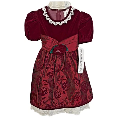 New Bonnie Jean Girls Velvet Dress Burgundy Taffeta Size 5 Lace Bow Holiday VTG - Image 1 of 4