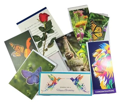 Lote de 7 tarjetas de felicitación con Env y 1 bloc de notas mariposas perezoso león rosas pájaros Foto 1 de 4