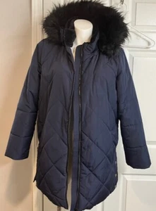 Nuage Womens Jacket Size L Stretch Puffer Coat Faux Fur Lining Removeable Hood - Picture 1 of 8