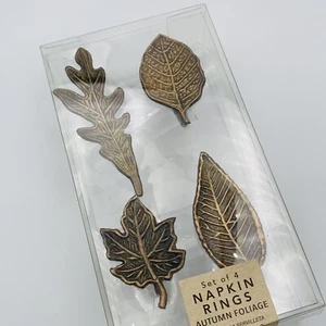 Napkin Rings Holder Set 4 Metal Thanksgiving Fall Leaf Antique Gold New - Picture 1 of 10