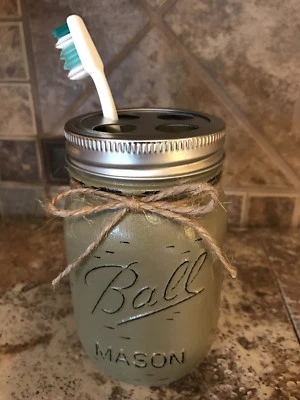 Mason Jar TOOTHBRUSH Holder Ball Canning Pint HANDMADE Blue Gray Tan Brown Cream - Image 1 of 4