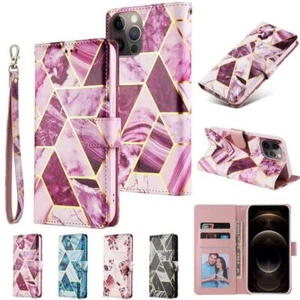 Leather Flip Marble Wallet Phone Case For iPhone 11 12 13 Pro Max 7 8 SE XR X SE - Picture 1 of 15