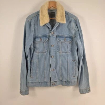 Asos mens denim jacket size M blue sherpa lined long sleeve cotton solid 028660 — 第 1/4 张图片