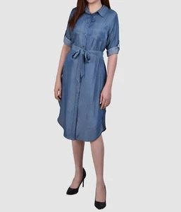 NY Collection Women's Blue Denim Roll-Tab Self-Tie Dress Petite Size PS - Picture 1 of 3