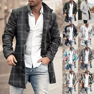 Mens Trench Coat Printed Slim Fit Stand Collar Single Breasted Long Coat Jacket - Picture 1 of 42
