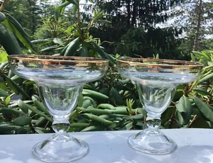 VINTAGE Set 2 GOLD RIM Crystal Sherbet Glasses Compote Dessert double gold line - Picture 1 of 8