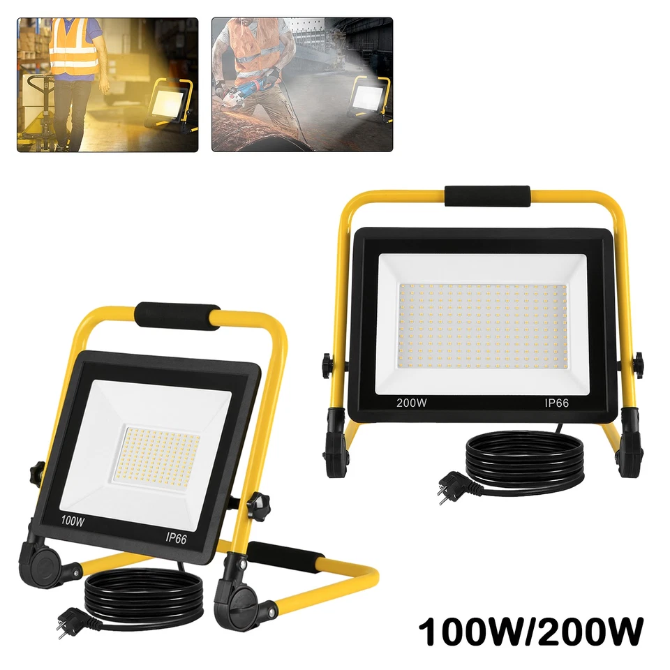 100W 200W Fluter LED Flutlicht Scheinwerfer Baustrahler mit Stativ und Stecker - Bild 1 von 4