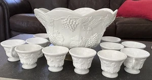 VTG White Milk Glass 12 Piece Punch Bowl Brass Base Colony Harvest Grapes 11 Cup - Picture 1 of 11