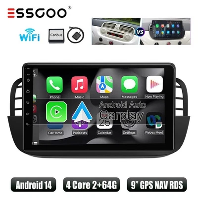 9" 2+64G Apple Carplay Autoradio Android 14 GPS Navi WiFi Für Fiat 500 2007-2015 - Bild 1 von 4