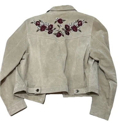 Chaqueta De Motociclista De Colección Brandon Thomas Beige Gamuza Bordada Rosa Camionero Cuero L Foto 1 de 4