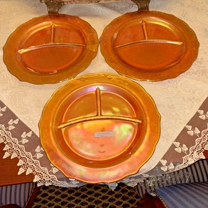 3 VTG 30s Depression Carnival Glass Normandie Bouquet & Lattice Divided Plates - Picture 1 of 3