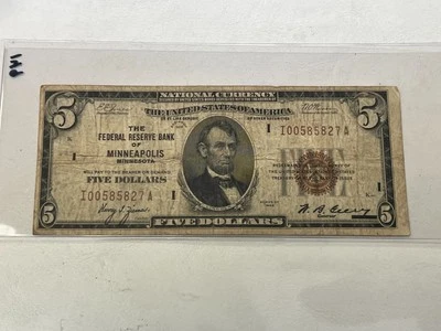 1929 Minneapolis $5 Federal Reserve Bank Note Circulated FR 1850-i V79 - Image 1 of 2