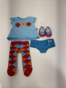American Girl Bitty Baby Twin Aqua Argyle Meet Outfit Dress Tights Diaper Shoes  - Picture 1 of 2