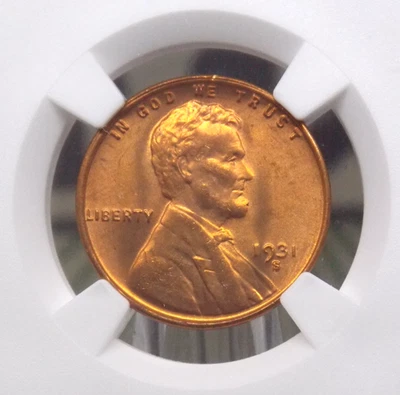 1931 "S" Lincoln WHEAT Cent 1c NGC MS65 RD #001 *RED* GEM BU San Francisco ECC&C - Image 1 of 4