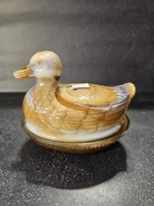 Imperial Glass Caramel Slag Glass IG Duck on Nest Trinket Candy Dish Hen On Nest - Picture 1 of 20