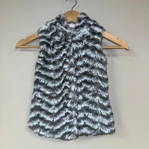 Faux Fur Sweater Vest Girls 4T Gray Hooded Chevron Pattern Statement Trendy Fall - Picture 1 of 6