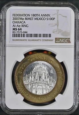 2007 Mo Mexico 180th Ann. Bimetal, Oaxaca, 100 Peso MS64 NGC KM# 849 - Image 1 of 2