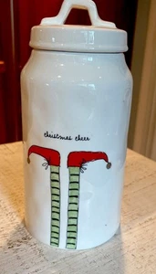 Rae Dunn CHRISTMAS CHEER Elf Legs & Feet 10" Canister White Dimpled Holiday EUC - Picture 1 of 13